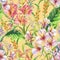 Hand drawn colorful seamless pattern with watercolor banana leaves, exotic plants and alstroemeria flowers