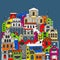 Hand drawn colorful set of town buildings. Illustration of houses and streets