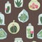 Hand drawn colorful terrarium collection on a brown earth tone striped background. Seamless vector pattern