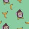 Hand drawn colorful vector background illustration of crazy funny brown circus monkey with yellow tie and bananas