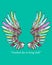 Hand drawn colorful wings. Sketch bird or angel wing with feathers.