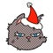 hand drawn comic book style illustration of a tough cat face wearing santa hat