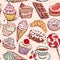 Hand drawn confectionery seamless pattern croissant Cupcake candy marshmallow ice cream cake donut and coffee.
