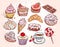 Hand drawn confectionery set croissant Cupcake candy marshmallow ice cream cake donut and coffee.