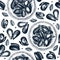 Hand drawn cooked mussels on platter with herbs seamless pattern. Vector package, banner, cover, wrapping paper template with