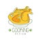 Hand drawn cooking logo original design with baked chicken on a plate. Creative line label for cafe menu, cooking school