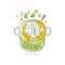 Hand drawn cooking logo original design with soup with vegetables in a pan. Line label for cafe, delivery service