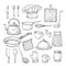 Hand drawn cooking tools. Kitchen equipment kitchenware utensils vintage sketch vector collection