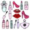 Hand drawn cosmetics and fashion make up objects: lipstick, mascara, perfume, nail polish, shoes.