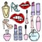 Hand drawn cosmetics and fashion make up objects: lipstick, mascara, perfume, nail polish, shoes.