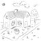 Hand Drawn Country House in Doodle Style. Children Drawings of House with Flowerbed and Birch