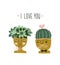 Hand drawn couple of flowering cactus in the ceramic pots with funny faces. Scandinavian style illustration.