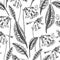 Hand-drawn cowslip and oxlip background design. Vintage woodland flowers sketches. Seamless spring pattern. Forest plant and wild