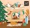 Hand drawn cozy interior with Christmas tree and cat lying near fireplace vector flat illustration. Xmas decorations at