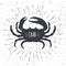 Hand drawn crab icon in black and white color with textured background. Marine fresh food logo for restaurant menu