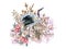 Hand drawn Crane bird and flower bouquet on white background inspired by chinese Korean and Japan kimono yukata background