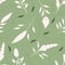 Hand drawn cream and green leaves with ornamental swirls. Seamless vector pattern on warm green background. Great for