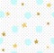 Hand drawn creative background. Simple minimalistic seamless pattern with golden stars and blue circles.