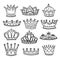 Hand drawn crowns. King, queen doodle crown and princess tiara. Vintage royal sketch isolated vector icons