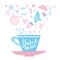 Hand drawn Cup of coffee or tea on gentle background with hearts, flowers , herbs and Valentine`s day lettering text-