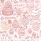 Hand drawn cupcake doodle background seamless pattern with desserts, berries and lettering.