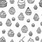 Hand drawn cupcake doodle background seamless pattern with desserts, berries. Vector illustration