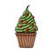 Hand-drawn cupcake with green cream, cake with shape like a Christmas tree