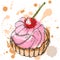 Hand drawn cupcake with whipped cream and cherry, multicolored stains and sprays