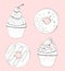 Hand drawn cupcakes and donuts card on pink background