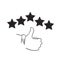 Hand drawn customer review icon, quality rating, feedback, five stars doodle symbol on white background