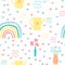 Hand drawn cute abstract pattern. Rainbow, flower, hearts, vase doodle vector seamless background. Design for fabric