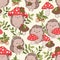 Hand drawn Cute baby hedgehog and mushrooms Forest background pattern seamless. Woodland Print Vector