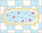 Hand drawn cute bathtub with roses and candles on titled blue and white floor