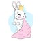 Hand drawn cute bunny in a crown and a mantle with stars princess childish rabbit print for baby products vector illustration