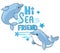 Hand drawn cute dolphin childish print design for t-shirts, swimsuit, fabric. Vector illustration. inscription - Hi sea friend