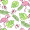 Hand drawn cute flamingo with flowers seamless pattern. Vector illustration.