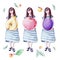 Hand-drawn cute girl and big yellow pear, red apple and violet plum