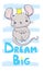 Hand drawn cute gray mouse in a crown and lettering Dream Big. Vector stock illustration