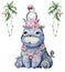 Hand drawn cute isolated tropical summer watercolor hippo animals. Cartoon animal illustrations, pink flowers and leaves, brazil