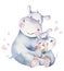 Hand drawn cute isolated tropical summer watercolor hippo animals. hippopotamus baby and mother cartoon animal