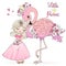 Hand drawn cute Little Princess girl with Flamingo. Vector Illustration..