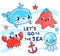 Hand drawn cute print with friendly cheerful sea characters, whale crab, octopus and jellyfish vector illustration