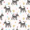 Hand drawn cute schnauzer breed dog with party hat seamless vector pattern. Purebred pedigree puppy celebration