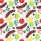 Hand drawn cute seamless pattern vegetables food, sausage and cheese isolated on white background. Onion rings, slices of paprika,