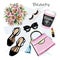 Hand drawn cute set with cosmetic, accessories and coffee cup. Bag, lipstick, false eyelashes, sunglasses and flowers, shoes.