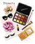 Hand drawn cute set with cosmetics. Eye shadow palettes, lipstick, brushes, false false lashes, sunglasses and flowers