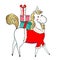 Hand drawn cute unicorn-santa with gifts.