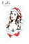 Hand drawn cute woman in santa red hat. Beautiful young woman portrait. Sketch.