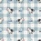 Hand drawn dairy cute cow and milk carton seamless vector pattern. Kawaii horned livestock mammal. Domesticated cattle on blue