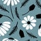 Hand drawn daisy seamless pattern on moody blue background